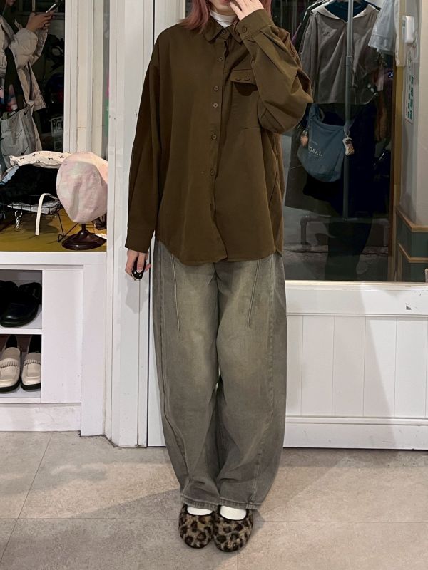 復古水洗灰色牛仔彎刀褲 