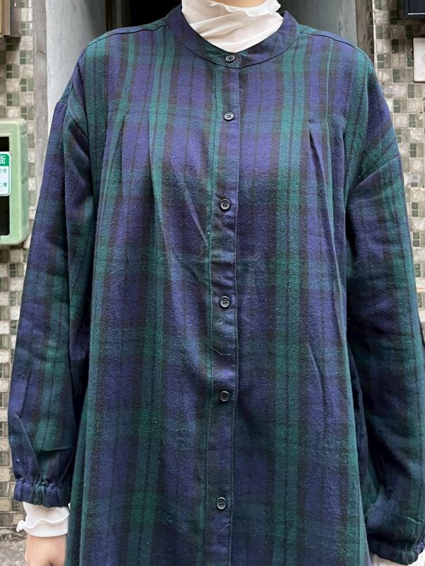 棉麻藍綠圓領排扣長版洋裝 