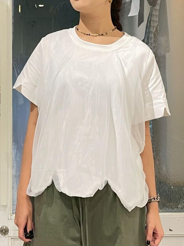棉質x透紗波浪下擺短袖上衣 