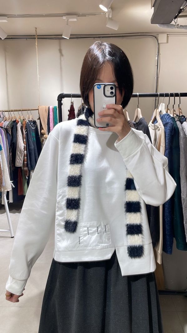 下擺裁切異材質拼接長袖上衣 