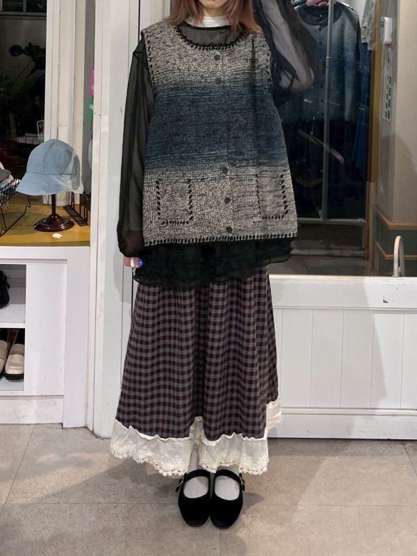復古格紋拼接蕾絲長裙 