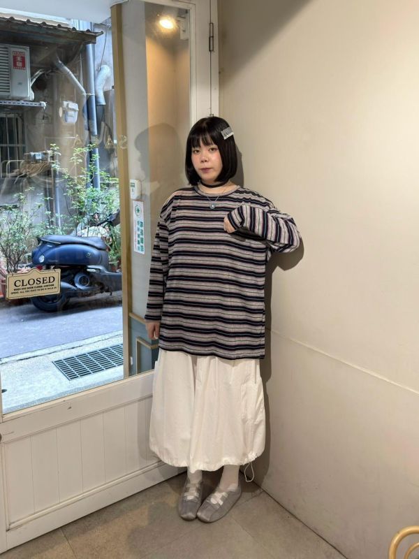 條紋撞色落肩寬鬆長袖上衣 