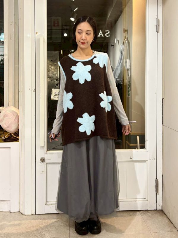 撞色藍花針織背心 