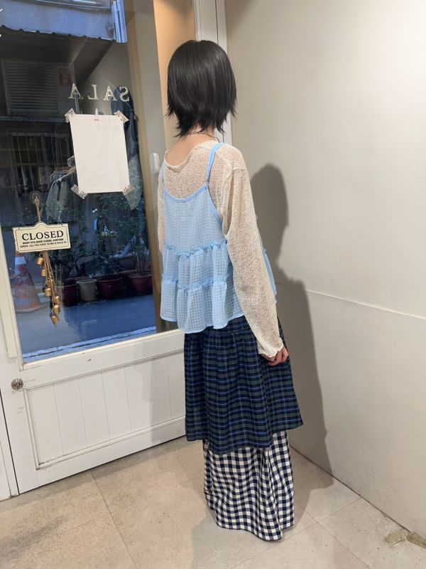 鬆餅格細肩可調捲邊背心外搭 