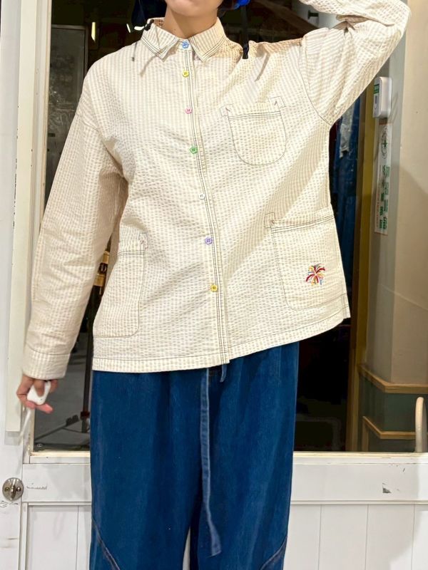 泡泡布彩色花朵鈕釦條紋襯衫 