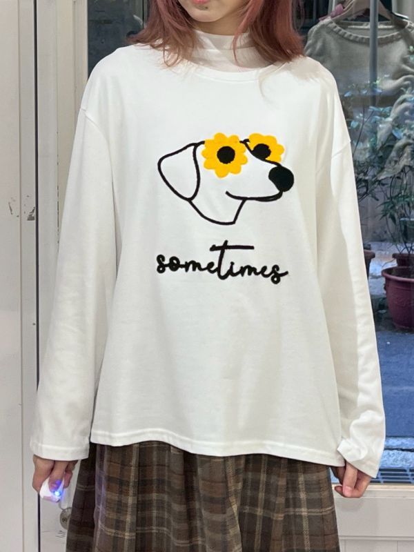 立體刺繡花朵狗狗長袖上衣 