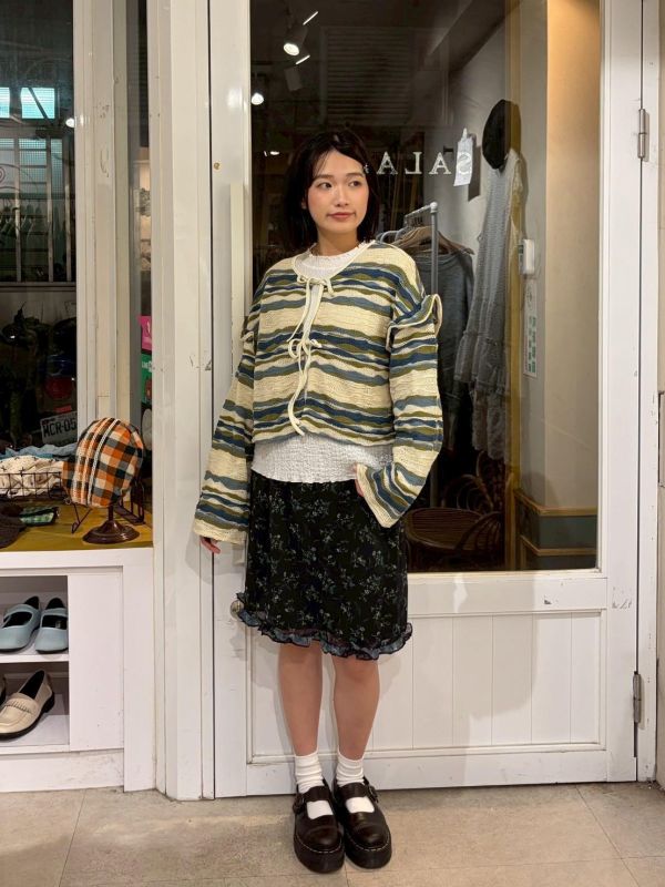 撞色波浪橫條綁帶外罩 