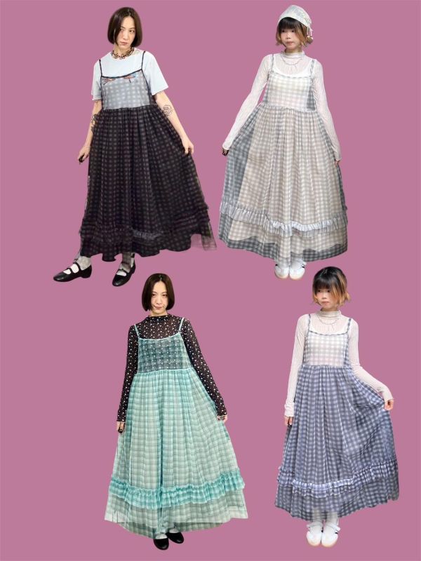 格子雙層紗吊帶背心裙 