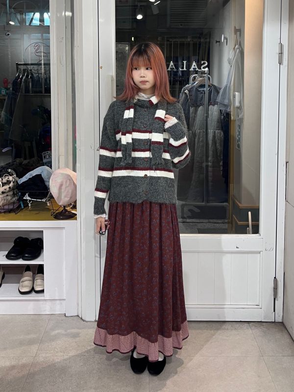 橫條紋針織排扣外套附圍巾 