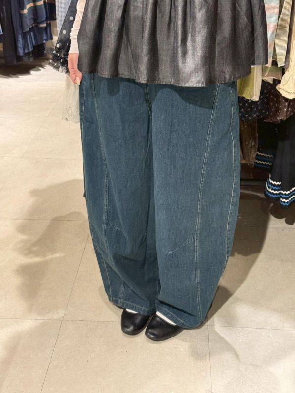 牛仔車線鬆緊腰繭型長褲 