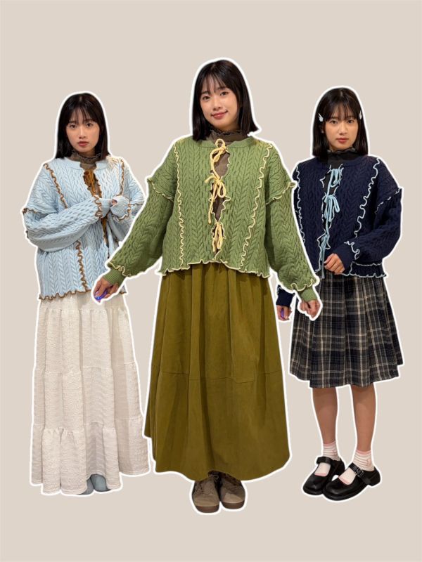 粗針織毛線撞色滾邊綁帶長袖外套 