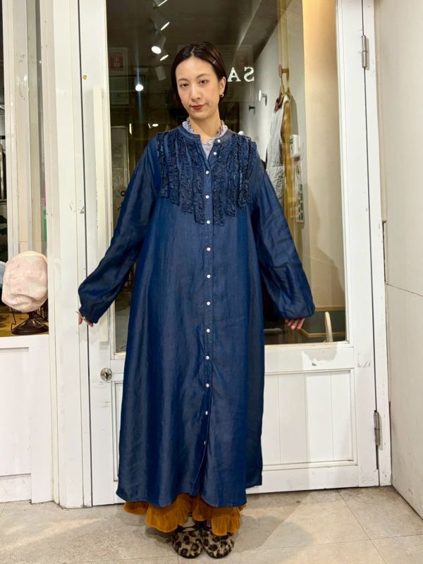 直條擠花長版牛仔洋裝 