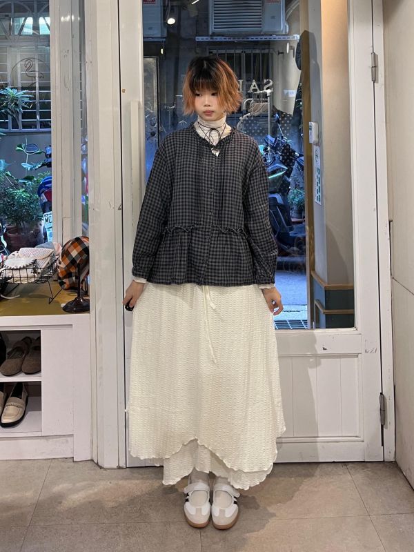 雙層不規則後開衩皺皺抽繩長裙 