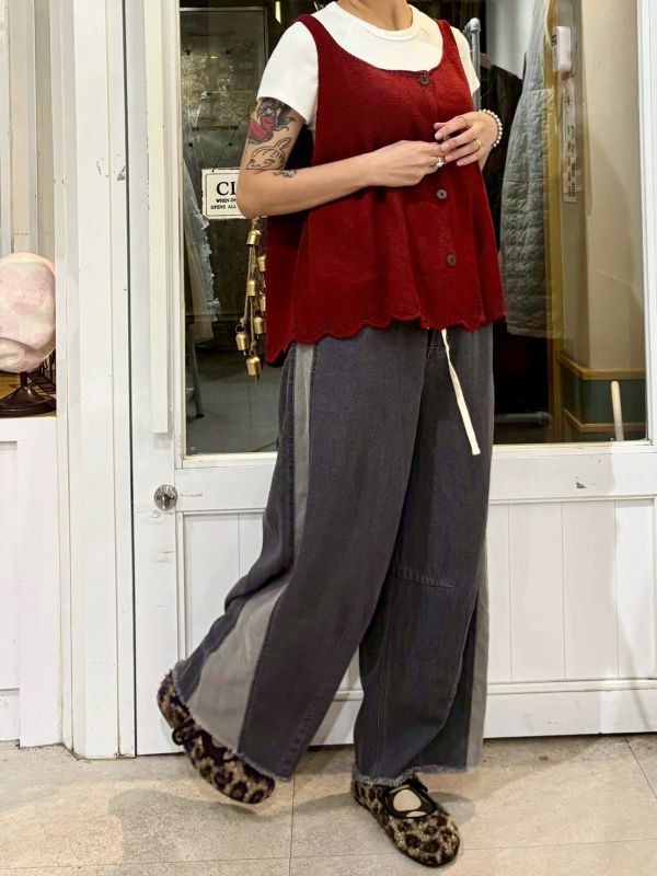 側邊細燈芯絨拼接牛仔褲 