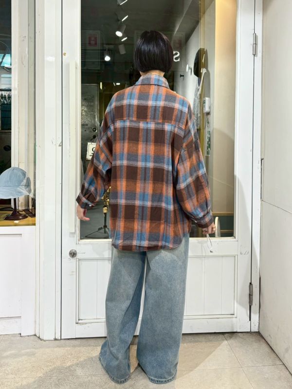 落肩橘藍棕格紋襯衫 