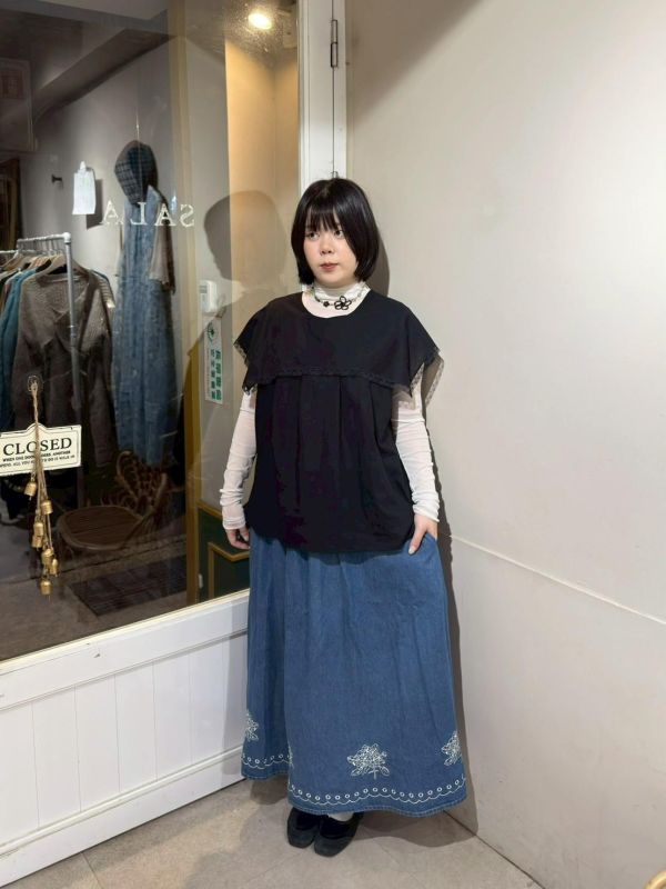牛仔刺繡下擺鬆緊腰長裙 