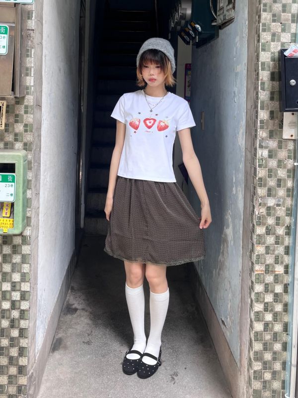 雪紡波點蕾絲五分裙 