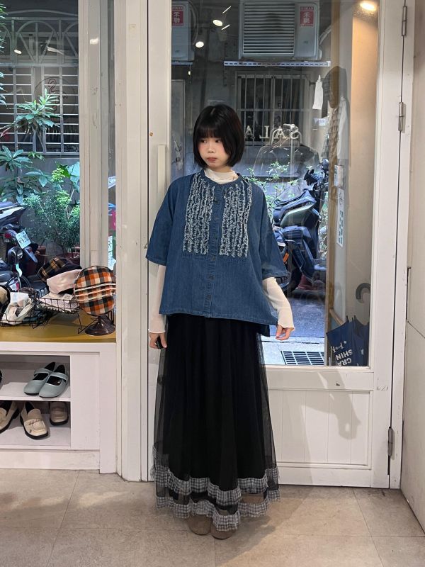 牛仔立體抽鬚毛邊設計感襯衫 