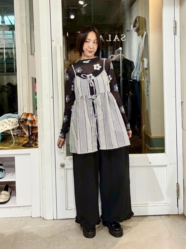 鬆緊腰褲腳木耳滾邊九分寬褲 