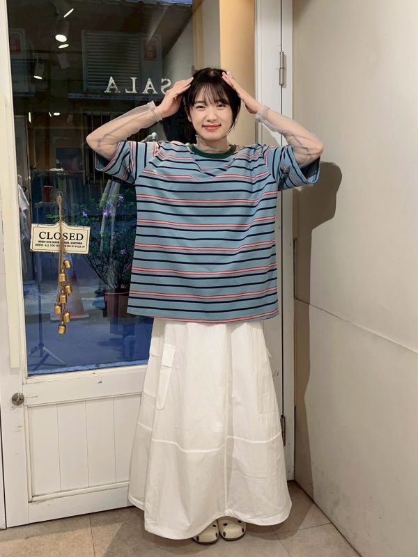 撞色圓領橫條紋寬鬆Tee 