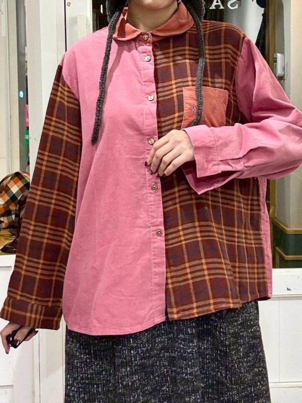 莓果色格紋拼接細燈芯絨碎花襯衫 