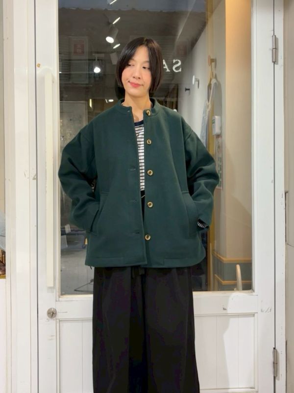 綠色中山領毛呢大外套 