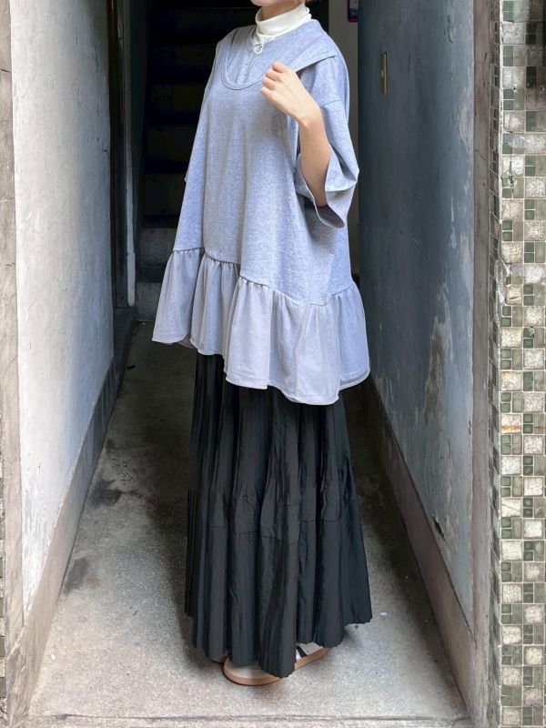 假兩件背心拼接紗落肩短袖上衣 