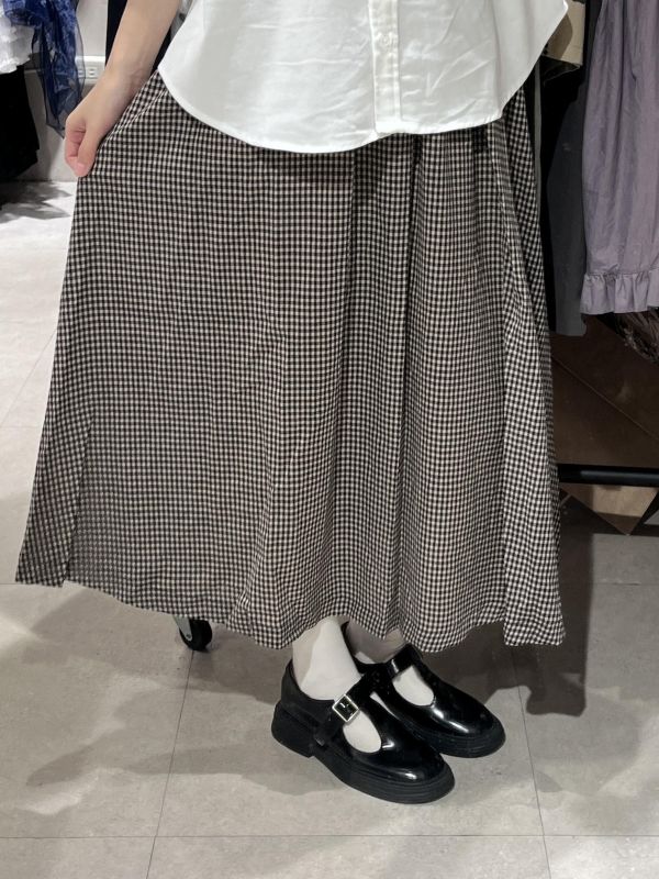 棉麻格紋長裙 