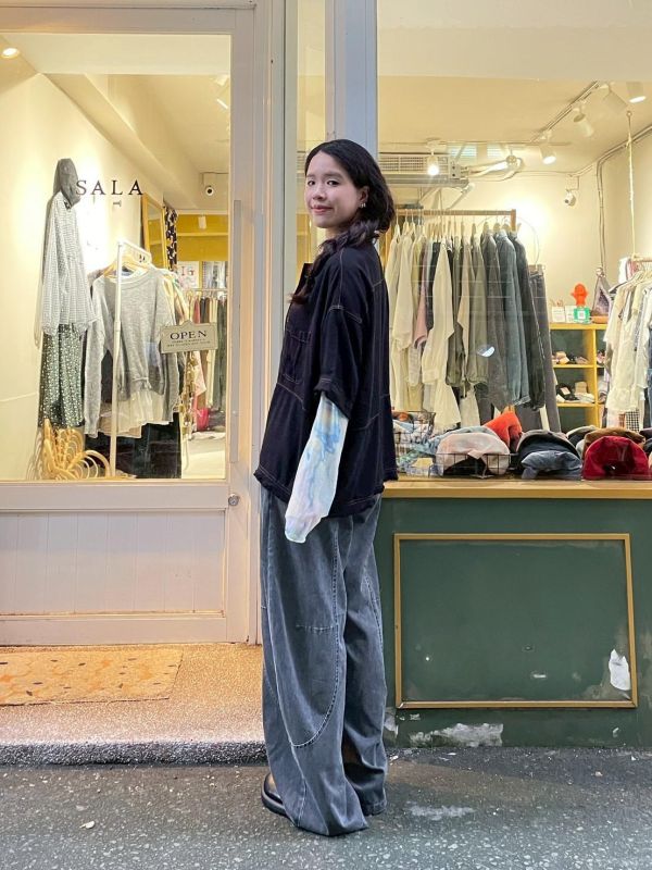 撞色車線多口袋飛鼠袖落肩抽鬚牛仔襯衫 