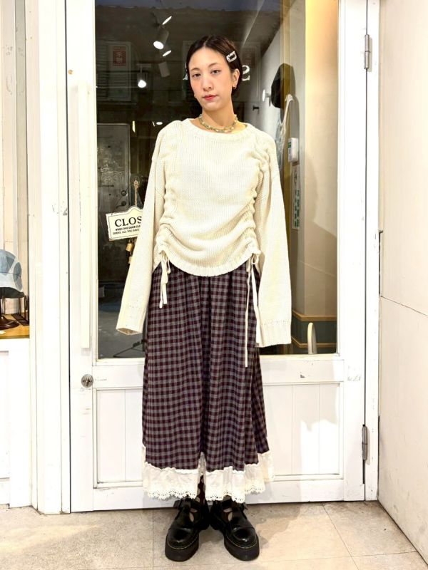 抽繩綁帶落肩寬袖針織上衣 