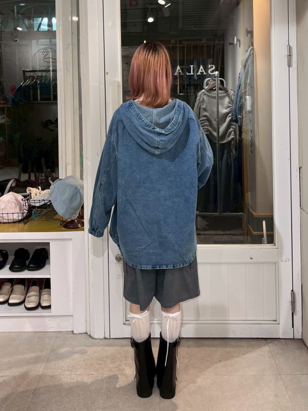 前短後長連帽抽繩大口袋牛仔長袖上衣 