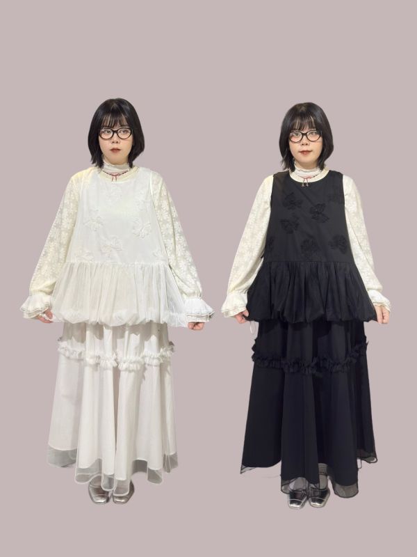 立體紗花朵刺繡拼接紗側綁帶背心 