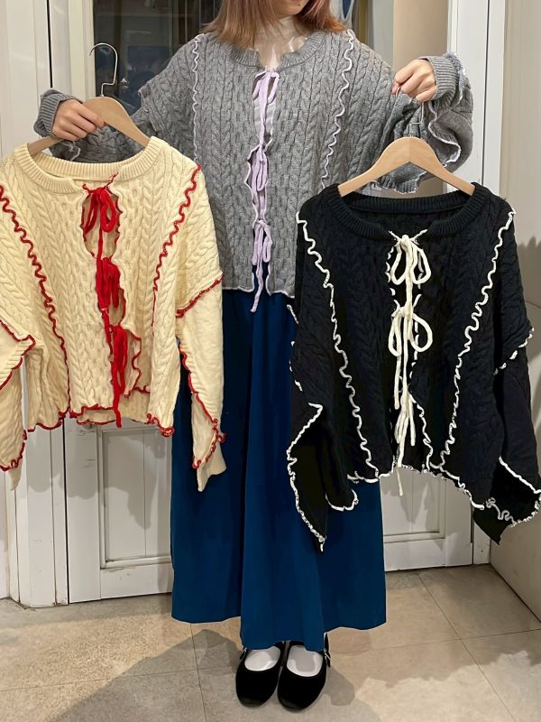 粗針織毛線撞色滾邊綁帶長袖外套 