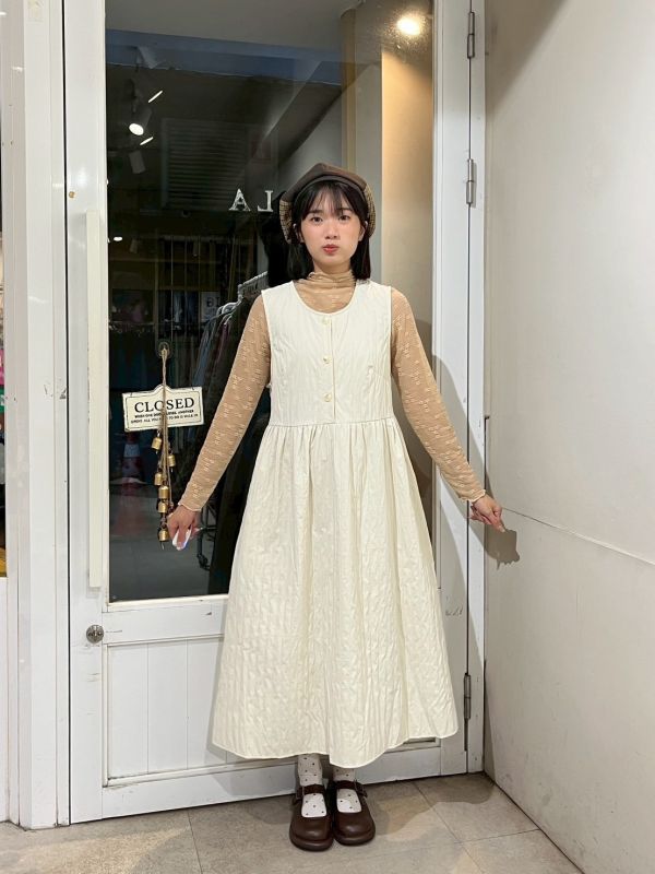 絎縫直紋胸前釦後綁帶長洋裝 