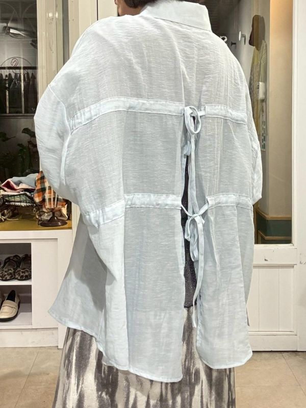 微透膚落肩後綁帶襯衫 