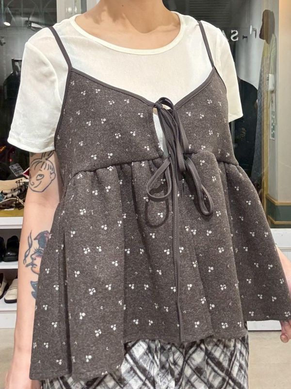 咖啡色前綁帶毛呢吊帶背心 