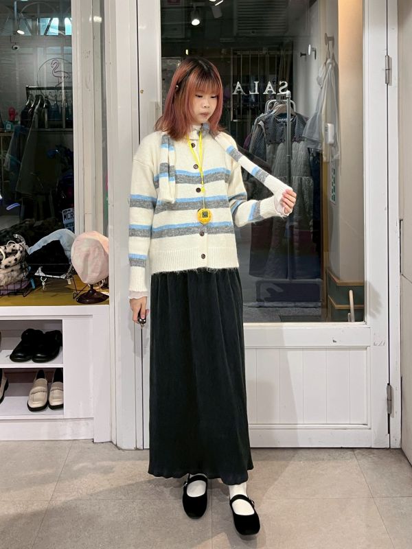 橫條紋針織排扣外套附圍巾 