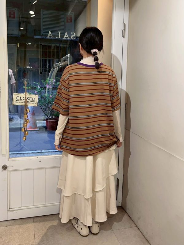 撞色圓領橫條紋寬鬆Tee 