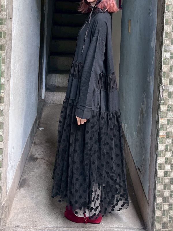 圓點紗拼接長袖洋裝 