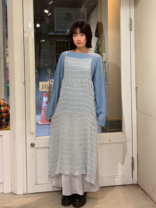 抓皺長方格測綁帶紗質長罩衫 