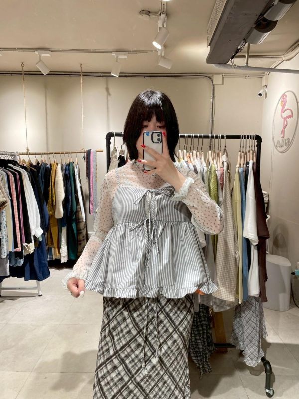 直條紋荷葉下擺綁帶雙面穿吊帶背心 