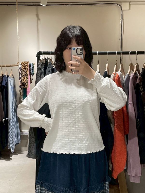 滾邊領鬆緊袖口長袖上衣 