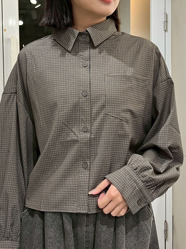 咖色短版細格紋胸前口袋襯衫 