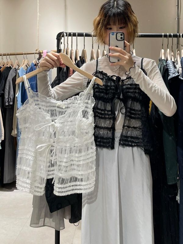 皺皺綁帶蕾絲彈力可調節吊帶背心 