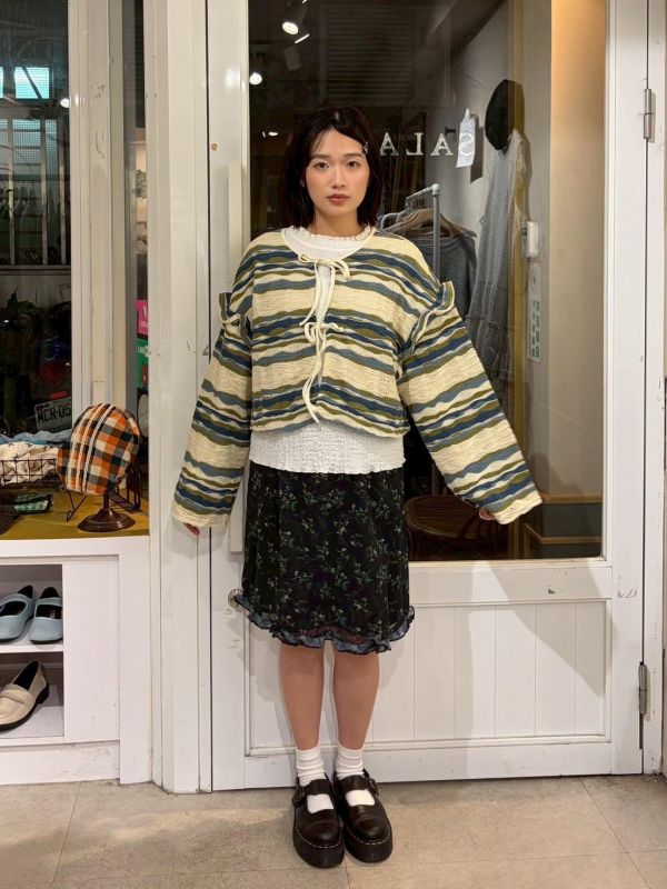 撞色波浪橫條綁帶外罩 