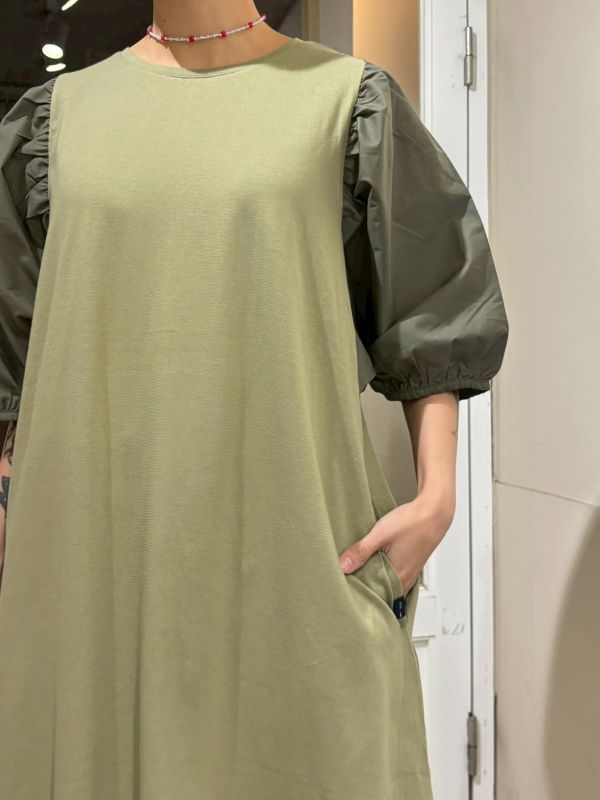 異材質拼接澎澎袖長洋裝 