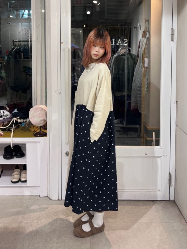 棉麻拼接波點長袖洋裝 