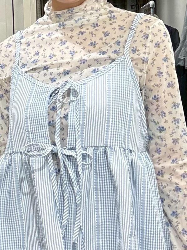 立體布紋細格條紋綁帶吊帶背心 