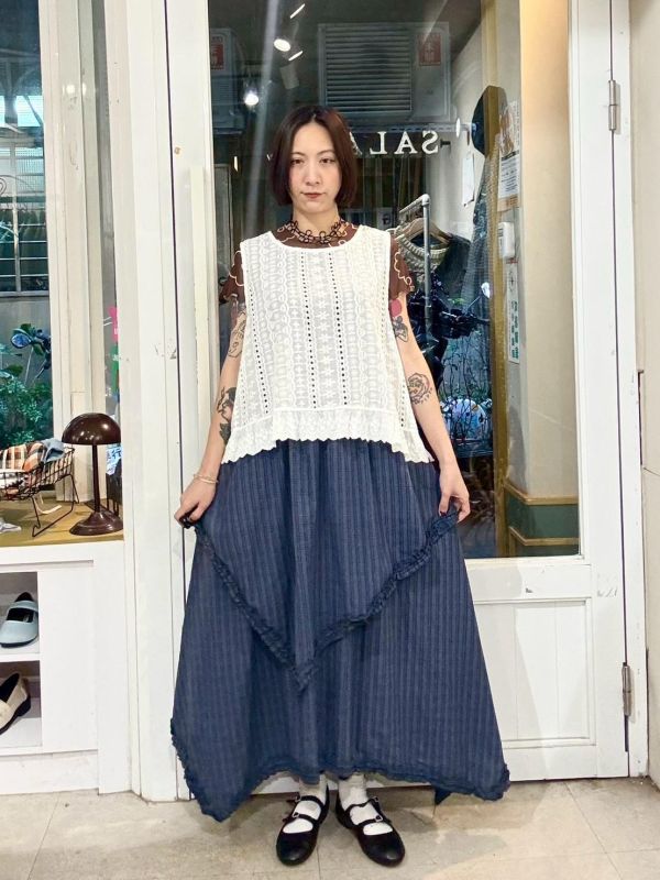 藍色格紋不規則拼接裙 