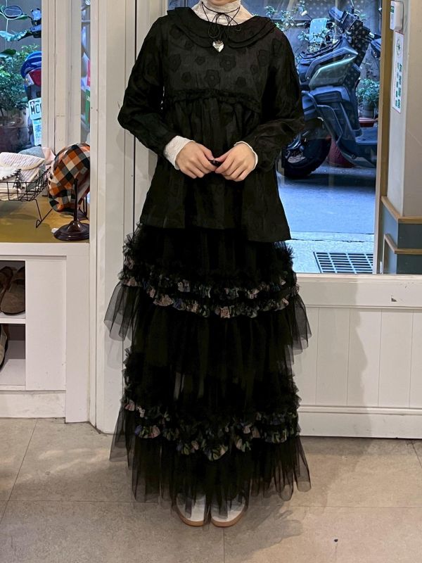 雙層領透紗滿版花花壓紋襯衫上衣 